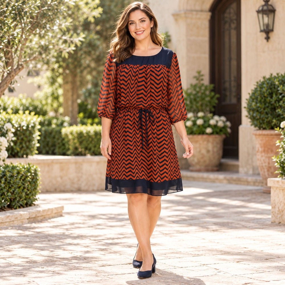 En Focus Studio Dress 12 Navy Orange Chevron Sheer Sleeve Mod Retro Twee Career